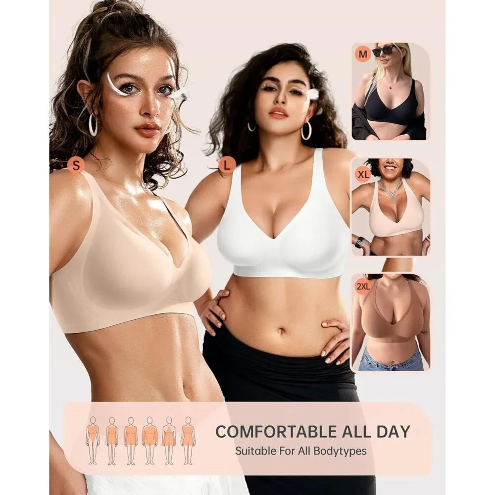Women’s Deep V Wireless Bra Supportive Seamless T-Shirt Plunge Bralette Small